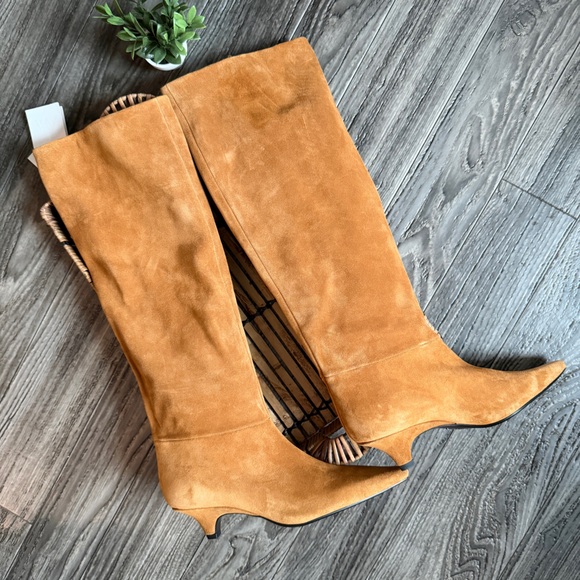 Zara NWT 100% Leather Suede Kitten Heel Wide Leg Knee Boots Pointed Toe 37 / US - Picture 11 of 16
